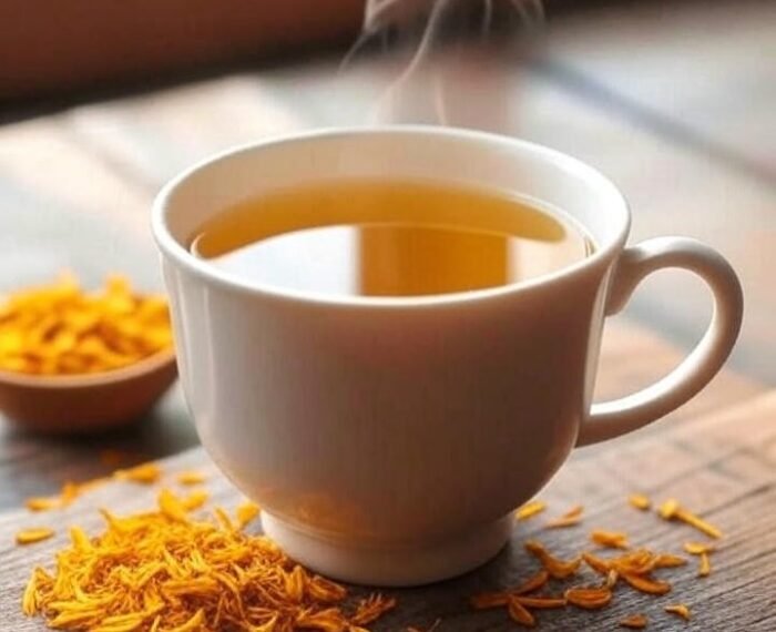 A white ceramic cup filled with golden calendula tea sits on a wooden surface, surrounded by scattered dried calendula petals. Steam rises gently from the tea, and a small bowl of dried petals is visible in the background. The scene is set near a window with soft natural light filtering in, creating a cozy and calming atmosphere.