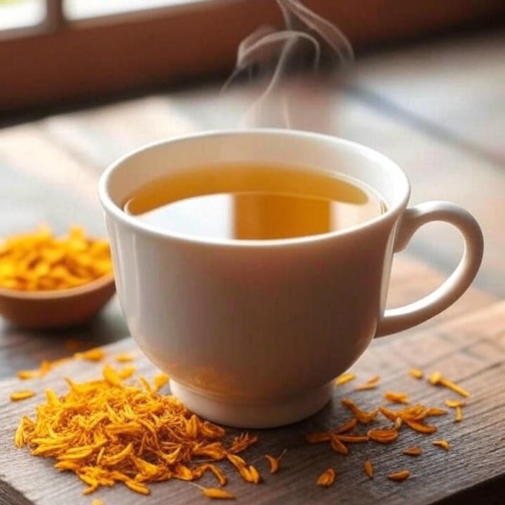 A white ceramic cup filled with golden calendula tea sits on a wooden surface, surrounded by scattered dried calendula petals. Steam rises gently from the tea, and a small bowl of dried petals is visible in the background. The scene is set near a window with soft natural light filtering in, creating a cozy and calming atmosphere.