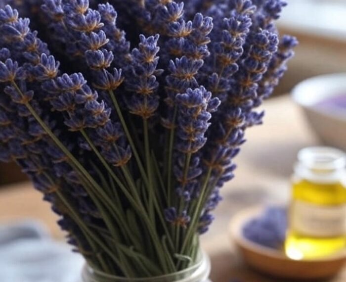 A glass jar filled with vibrant purple dried lavender flowers sits on a wooden surface, surrounded by scattered lavender buds. A small bottle of lavender oil and a wooden bowl with more dried lavender are in the background. The scene is set near a window with soft natural light, creating a cozy and calming atmosphere.