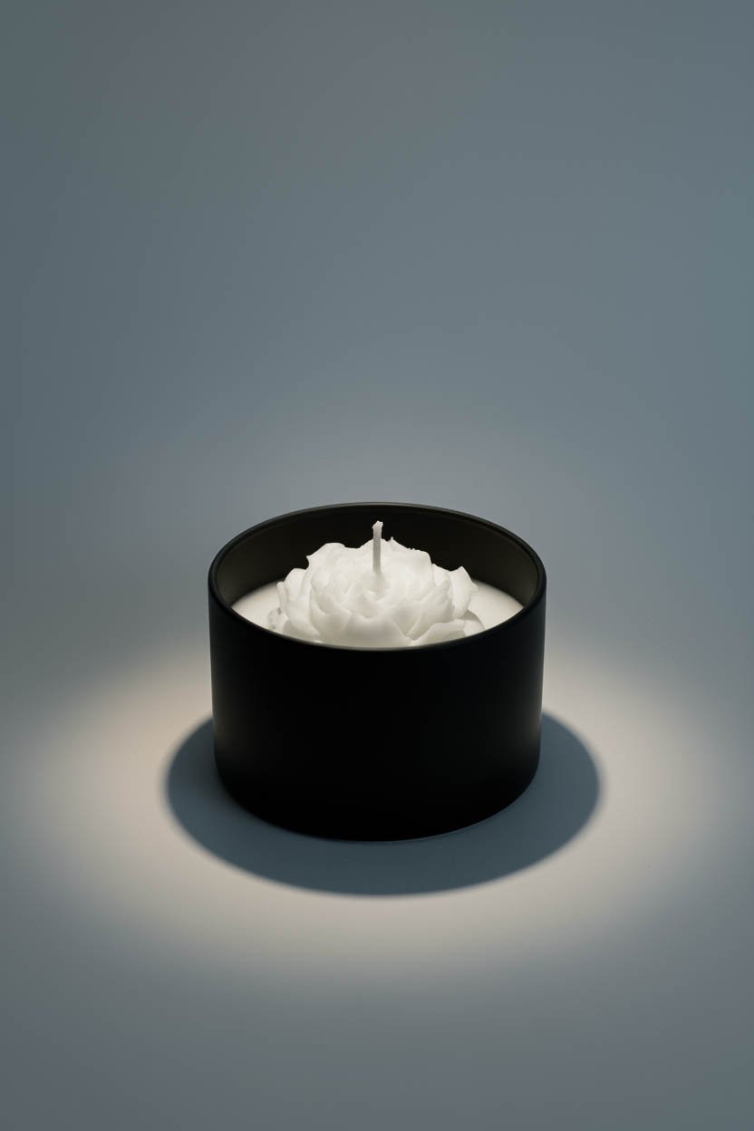 Handmade Soy Wax Candle in Jar with Flower Top 1 A white, peony-shaped candle in a black circular holder
