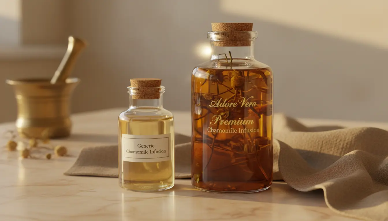 An image showing a rich, golden chamomile-infused oil next to a jar of high-quality dried chamomile flowers.