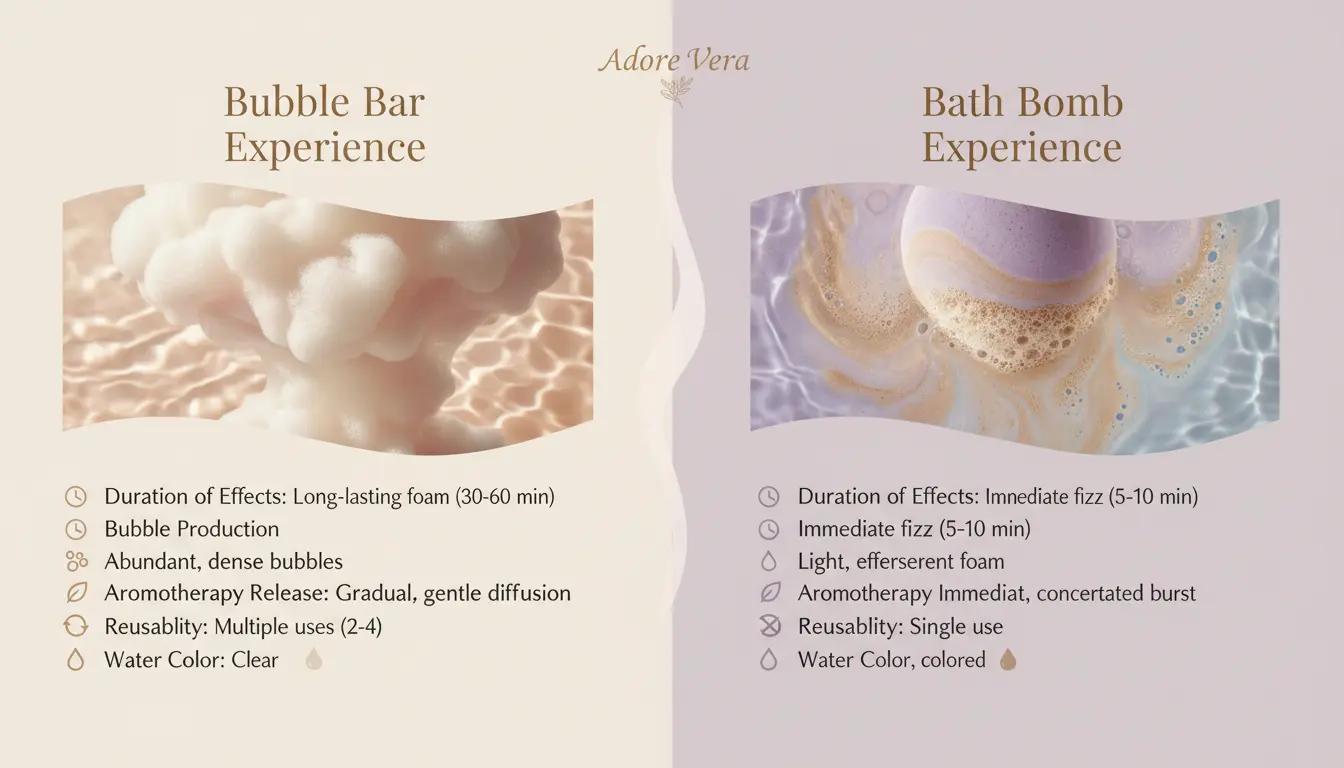 Bubble Bar vs. Bath Bomb: Which Adore Vera Product is Right for Your Bath Ritual? 2 Choose your perfect bath experience: Bubble bars offer lasting, abundant foam and multiple uses, while bath bombs provide an enchanting fizz and immediate aromatherapy release.