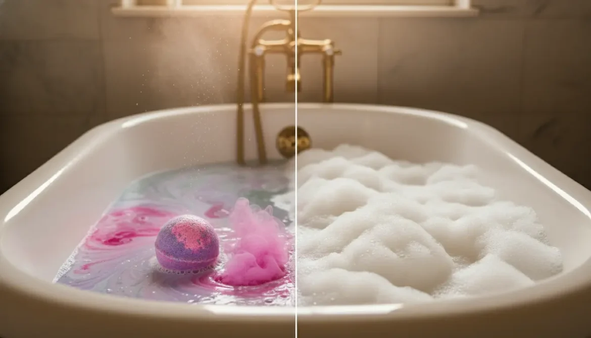A luxurious bath split into two halves: one side shows a colorful bath bomb fizzing, the other side is covered in abundant, creamy bubbles.