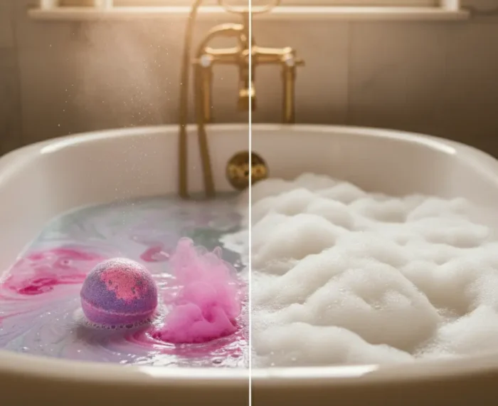 A luxurious bath split into two halves: one side shows a colorful bath bomb fizzing, the other side is covered in abundant, creamy bubbles.