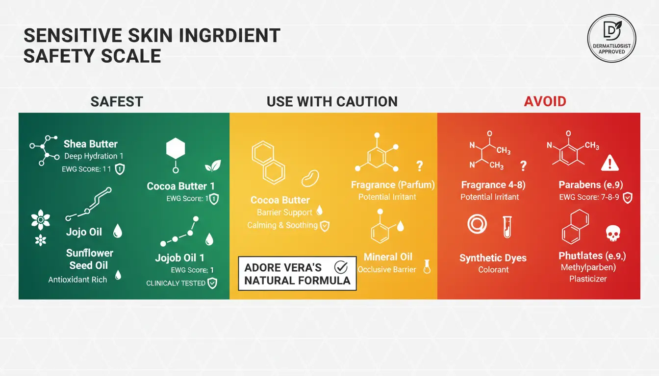 Best Body Butters for Sensitive Skin: A Guide to Soothing Hydration Without Irritation 3 Expert-verified safety ratings help you choose body butters with gentle, non-irritating ingredients. Natural butters and oils consistently rank highest in safety for sensitive skin.