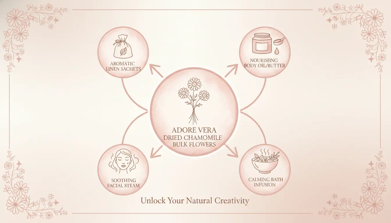 An image showing a collection of the finished DIY products—a jar of body butter, a bowl of bath soak, a facial steam bowl, and linen sachets—all arranged beautifully around a central bag of Adore Vera Dried Chamomile Flowers.