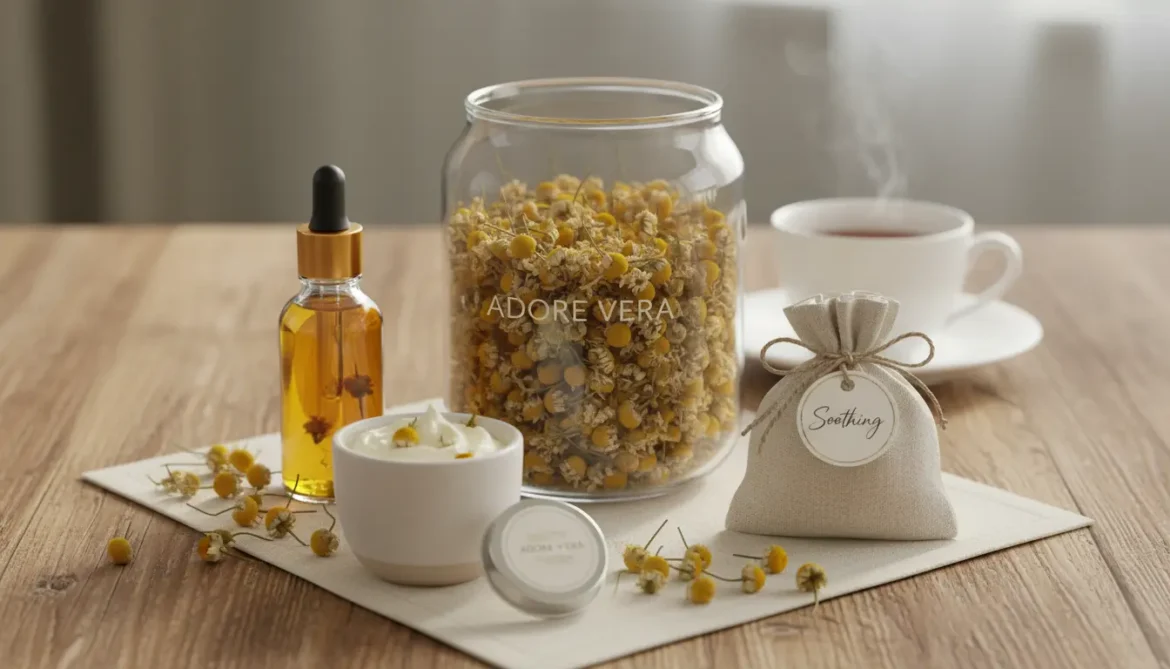 An artfully arranged collection of Adore Vera dried chamomile flowers and various homemade self-care products like infused oil, body butter, and sachets on a natural surface.