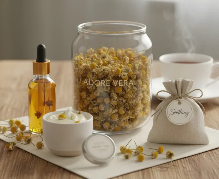 An artfully arranged collection of Adore Vera dried chamomile flowers and various homemade self-care products like infused oil, body butter, and sachets on a natural surface.