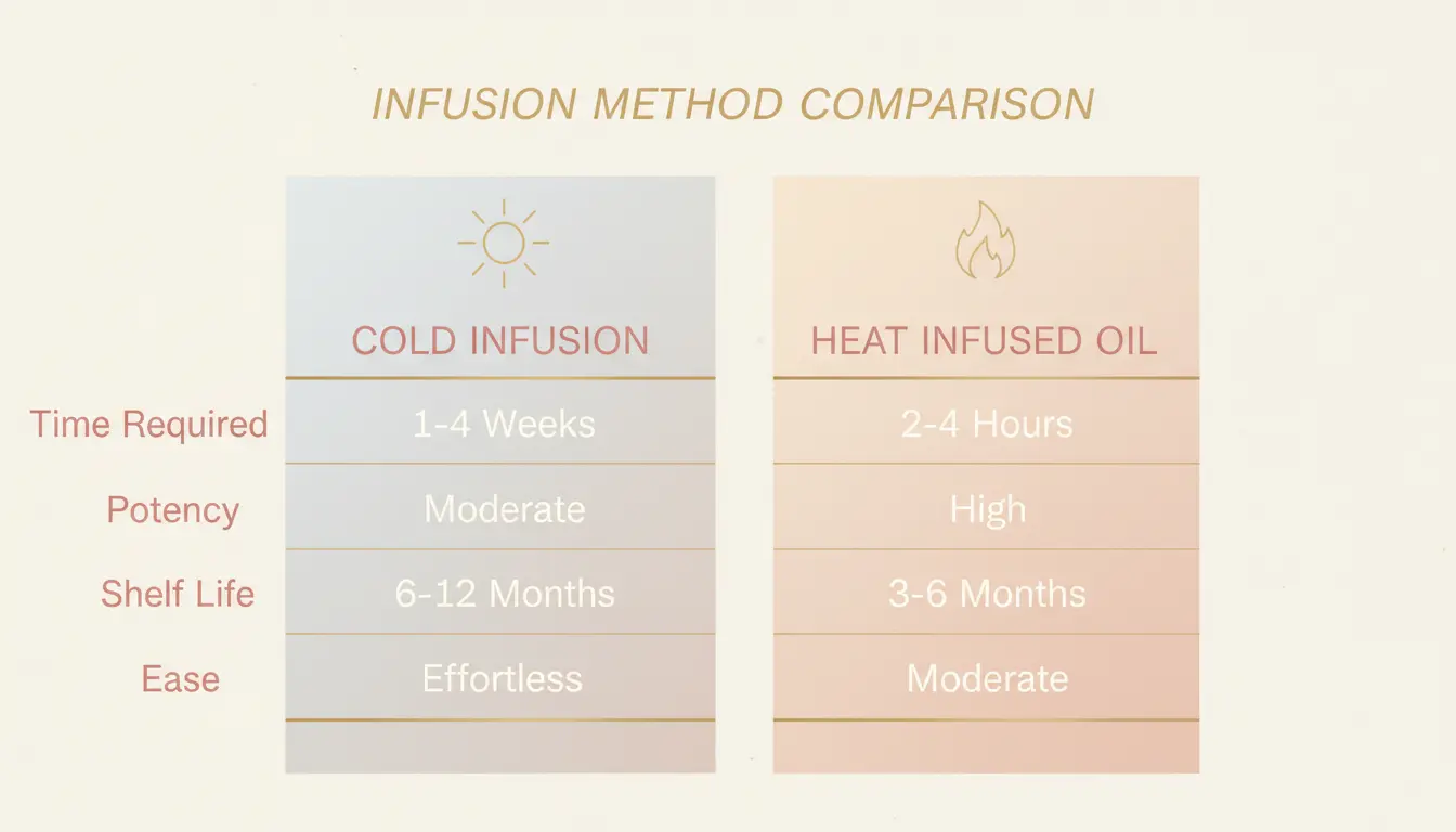 A decision matrix graphic comparing the cold infusion method (low effort, longer time, gentle) with the heat infusion method (higher effort, shorter time, potent).