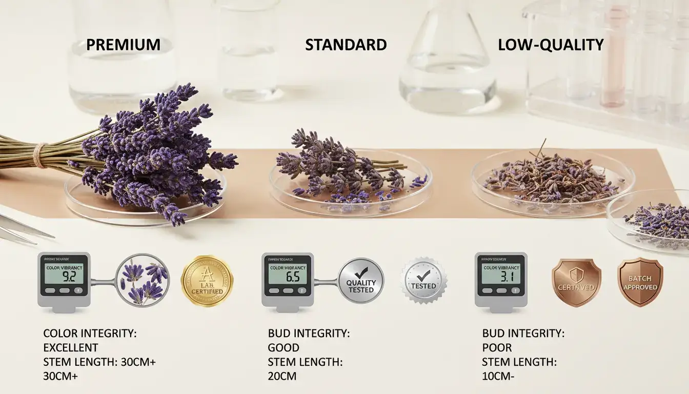 Scientific Quality Analysis: Our laboratory-verified quality indicators help you objectively assess dried lavender potency and purity. Note the distinct differences in bud integrity, color saturation, and stem characteristics that signal premium quality.