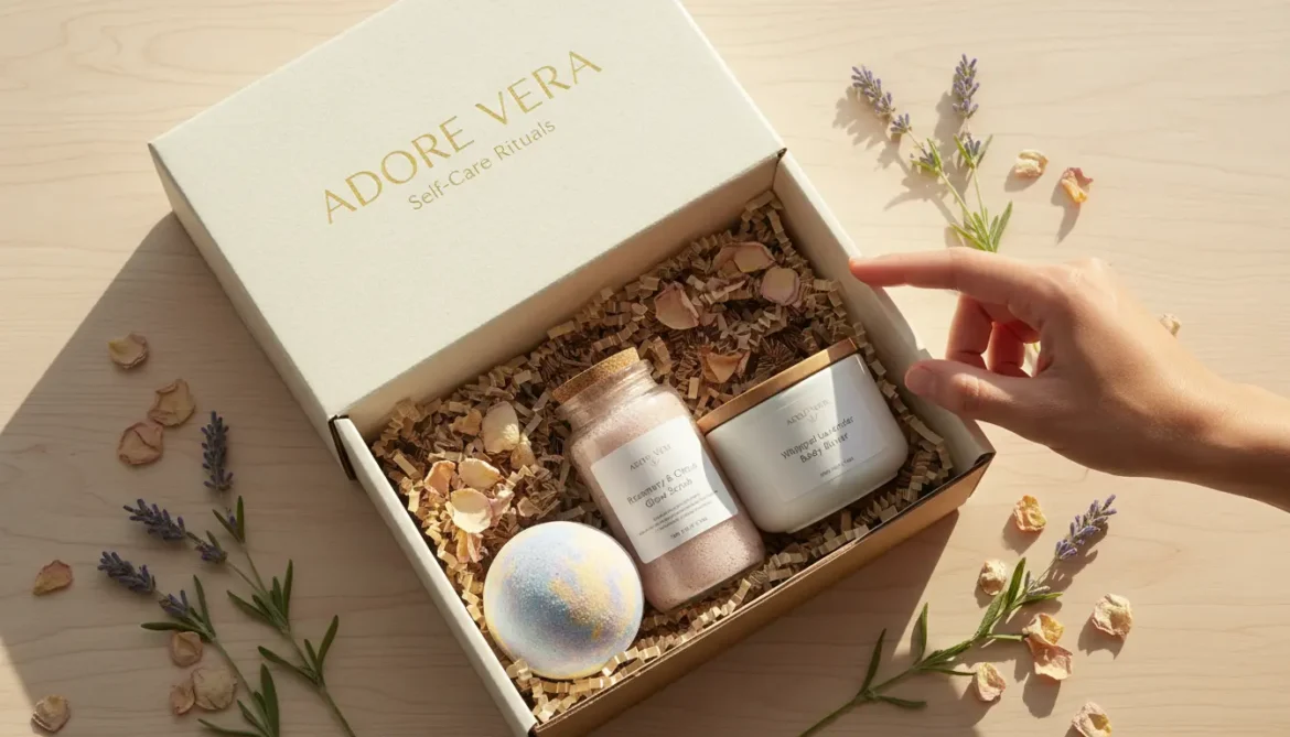 Elegant open self-care gift box with handmade bath bomb, scrub, and body butter, a hand reaching for a product.