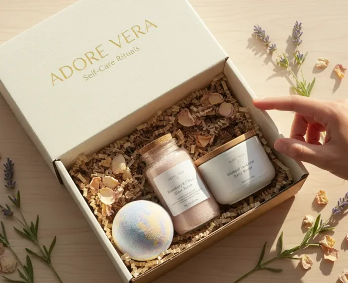 Elegant open self-care gift box with handmade bath bomb, scrub, and body butter, a hand reaching for a product.