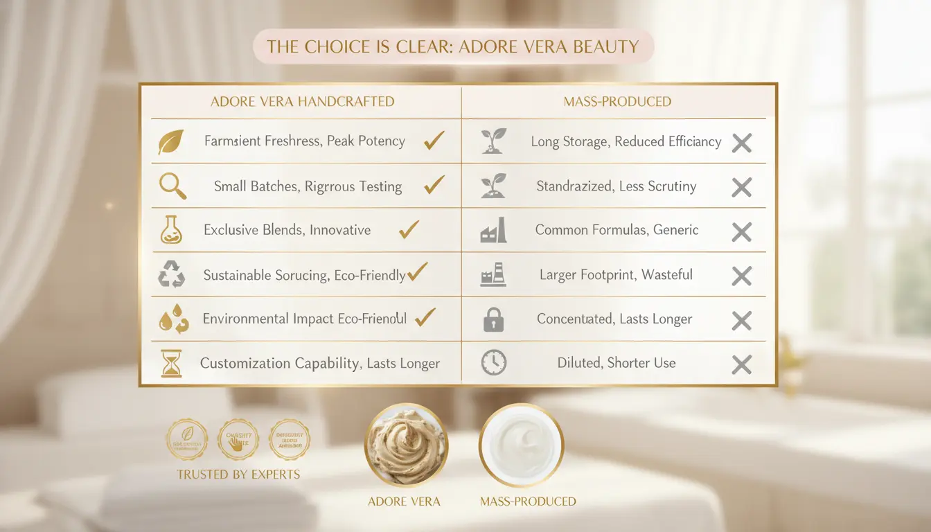 A comparison chart infographic visually contrasting key attributes of Adore Vera's handmade products against mass-produced alternatives.