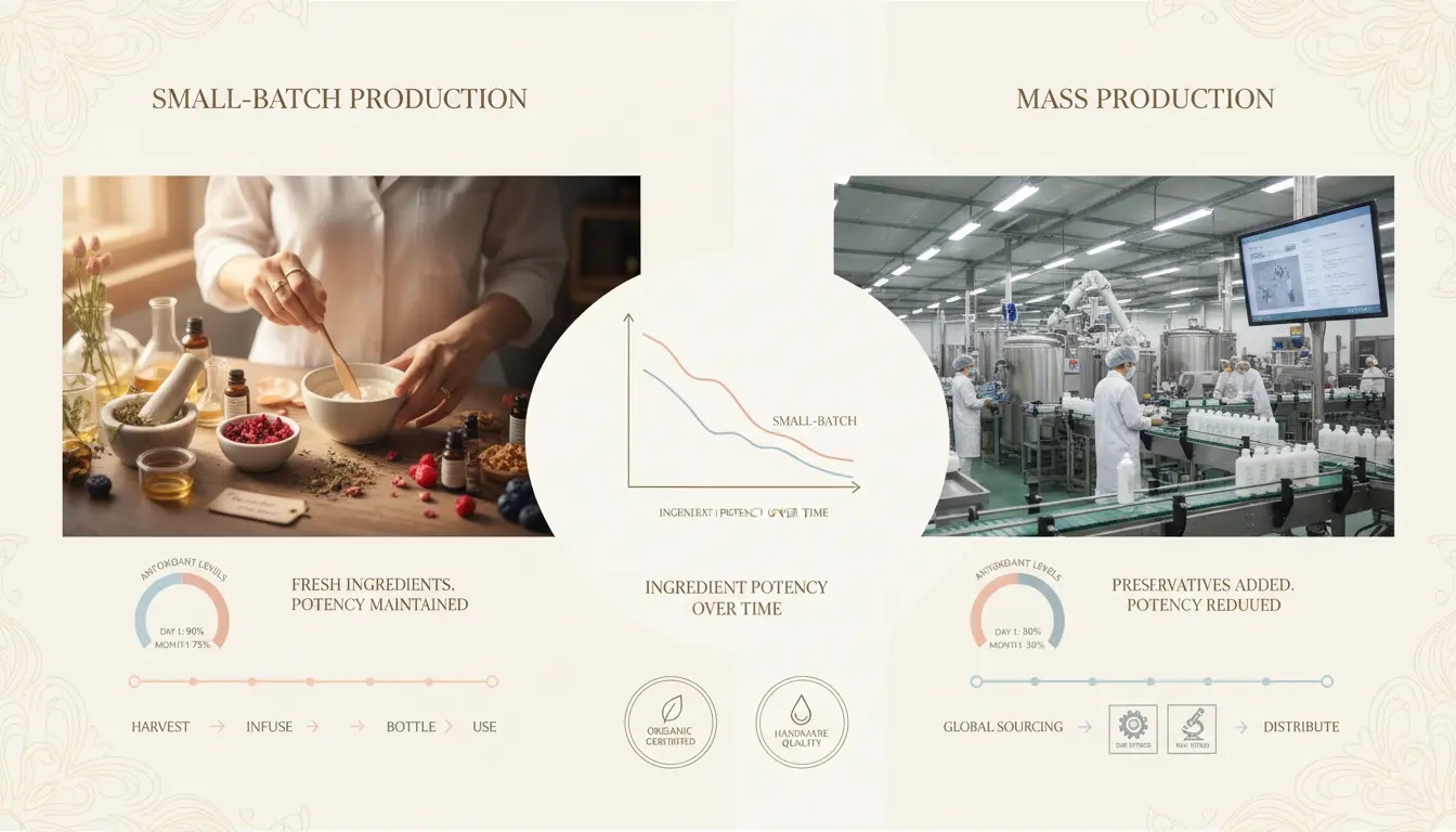 A close-up shot of a gloved hand meticulously inspecting a finished bath bomb, with other handcrafted products from a gift box arranged neatly in the background.