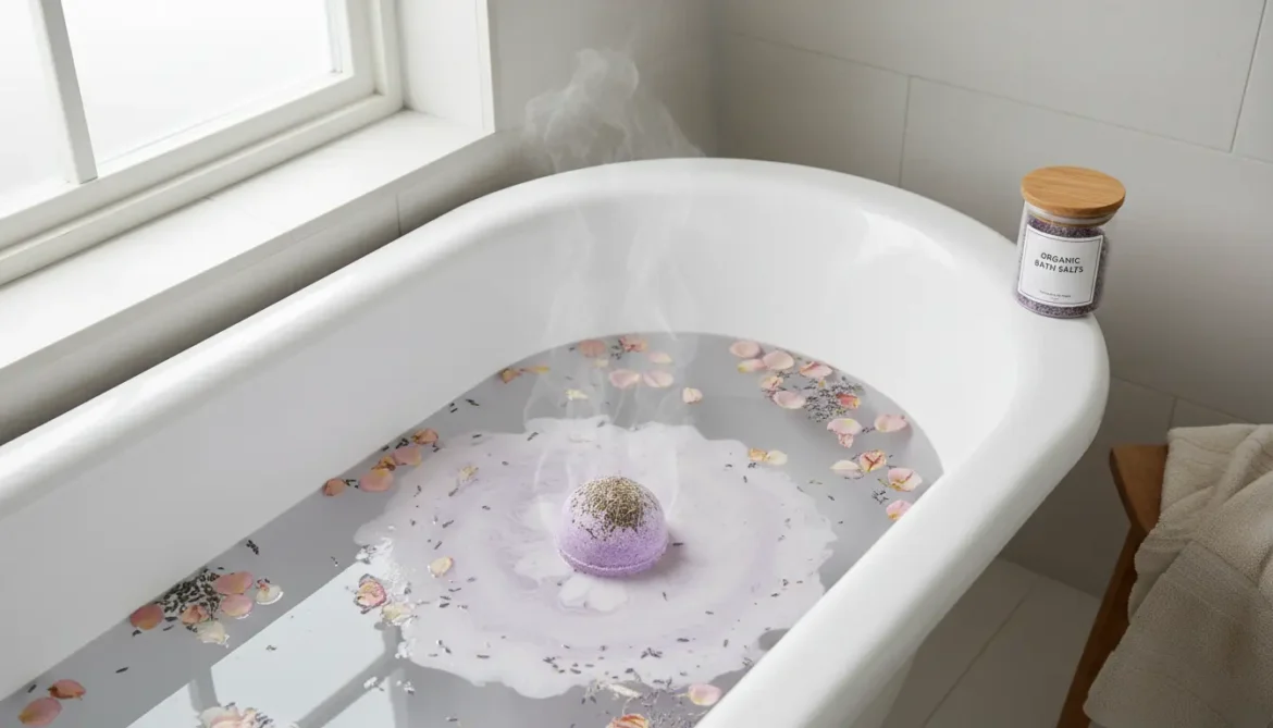 High-angle view of a luxurious bath with an organic bath bomb fizzing, surrounded by real flower petals, embodying premium self-care.