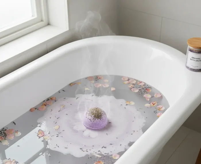 High-angle view of a luxurious bath with an organic bath bomb fizzing, surrounded by real flower petals, embodying premium self-care.