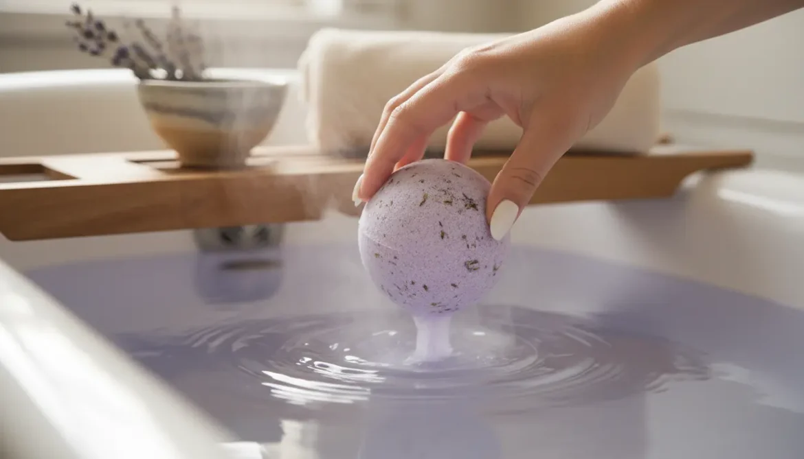 Hand gently placing a natural lavender bath bomb into steaming water with soft light and botanicals.
