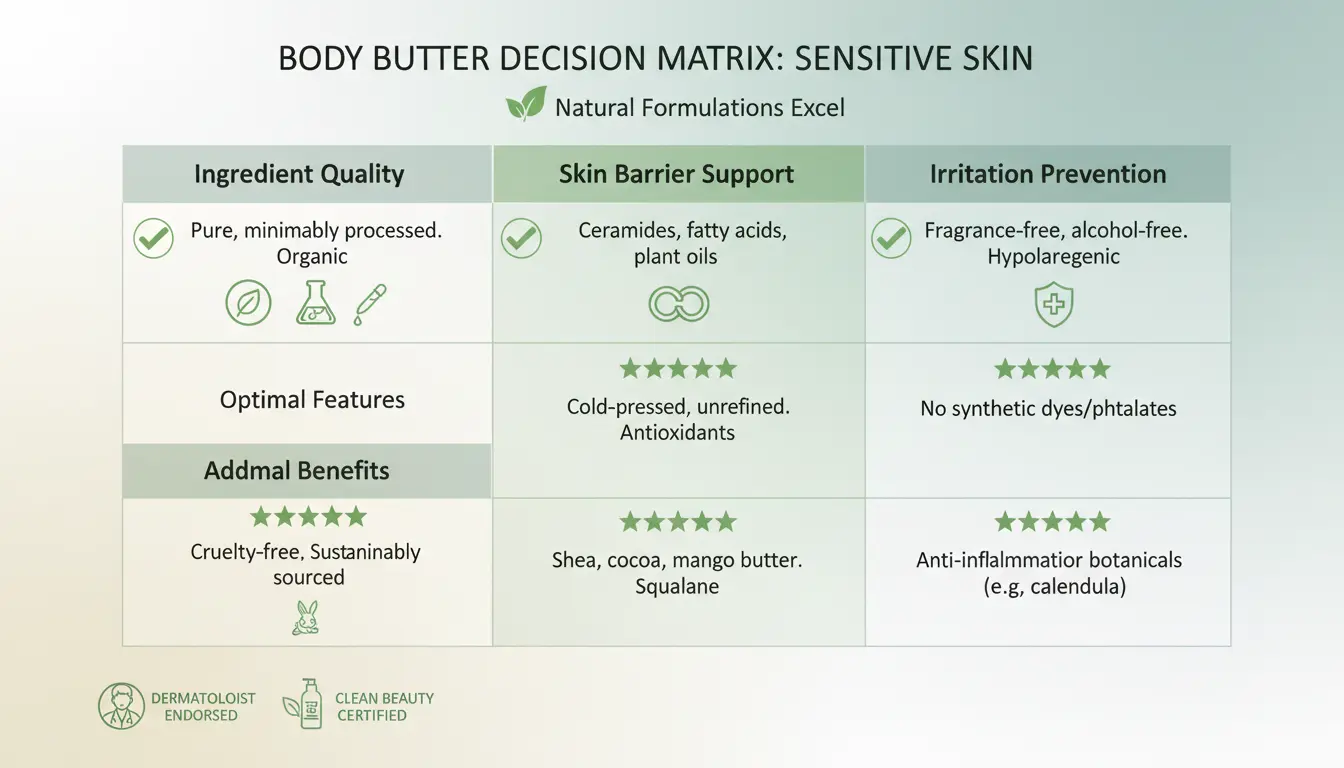 Best Body Butters for Sensitive Skin: A Guide to Soothing Hydration Without Irritation 4 Use this dermatologist-developed framework to evaluate body butters for your sensitive skin needs. Focus on products meeting these essential criteria for safe, effective hydration.