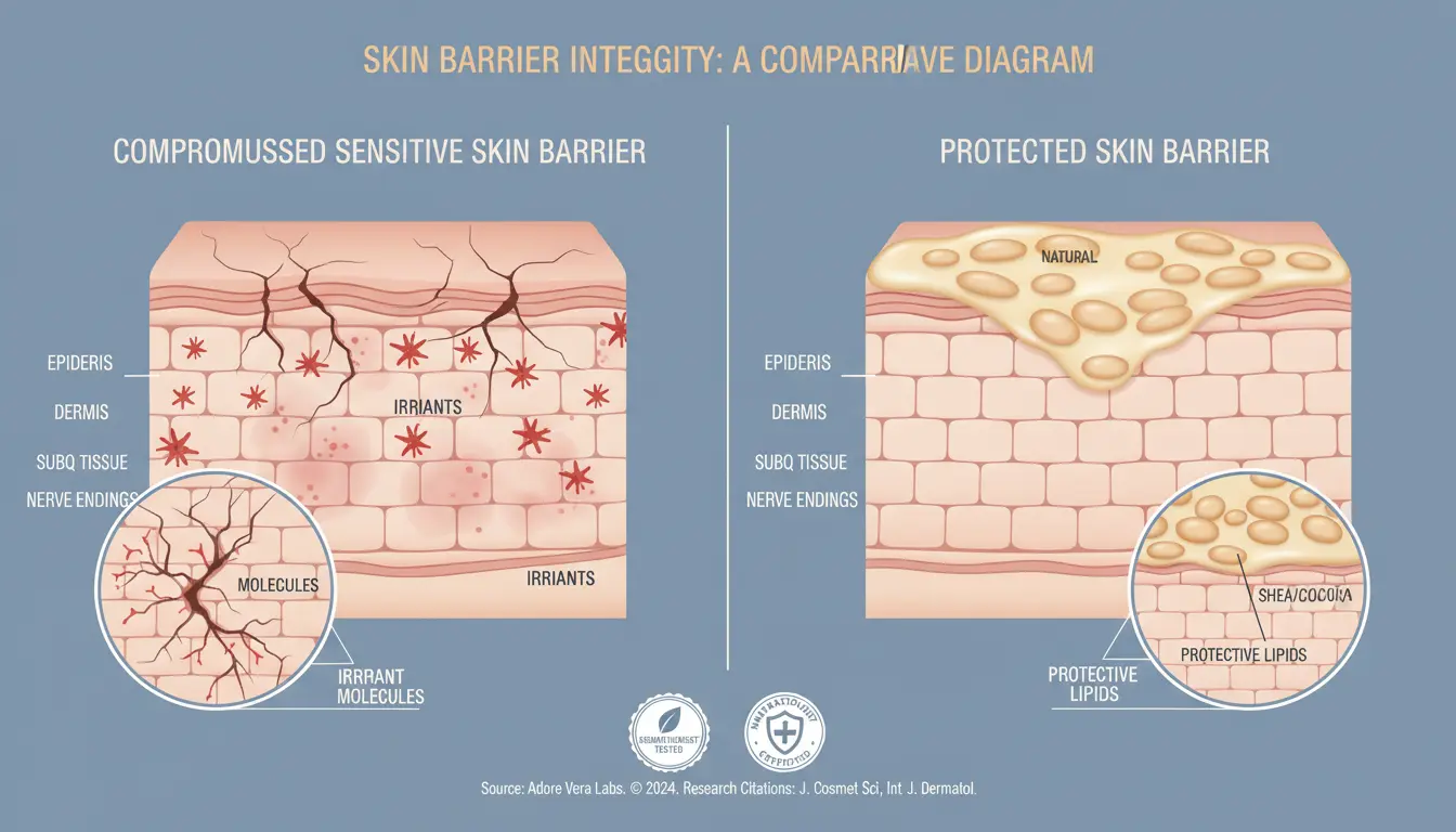 Best Body Butters for Sensitive Skin: A Guide to Soothing Hydration Without Irritation 2 Research-backed visualization of how gentle, natural ingredients in body butters create an effective barrier for sensitive skin protection. Note how key ingredients like shea butter and natural oils form a protective layer without clogging pores.