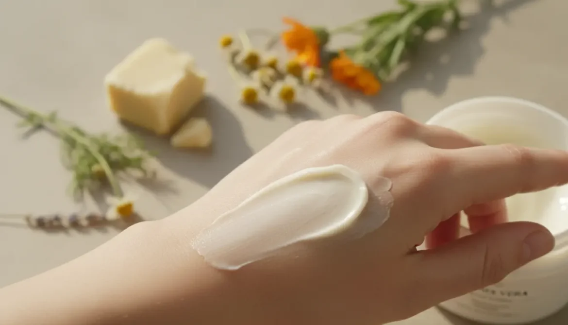 Close-up of gentle hand applying natural body butter to calm skin, with shea butter and chamomile in soft focus background