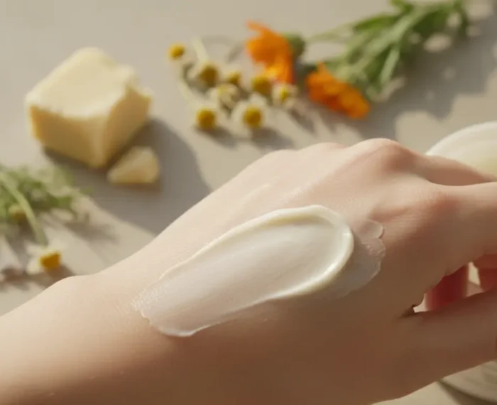 Close-up of gentle hand applying natural body butter to calm skin, with shea butter and chamomile in soft focus background