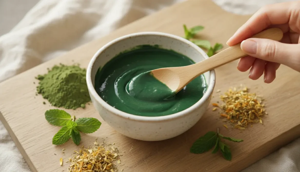 Close-up of hands gently stirring a vibrant green facial mask in an artisanal ceramic bowl, surrounded by natural ingredients like green clay and botanical leaves