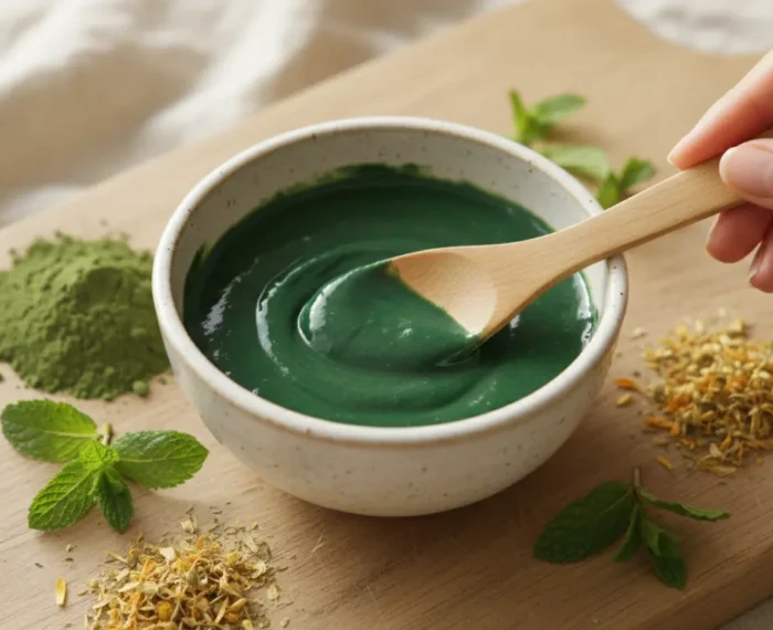 Close-up of hands gently stirring a vibrant green facial mask in an artisanal ceramic bowl, surrounded by natural ingredients like green clay and botanical leaves