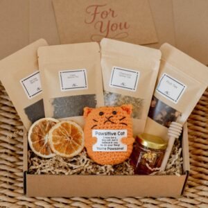 Cozy Tea Gift Box – Self Care Gift with Honey & Crochet Emotional Support Cat