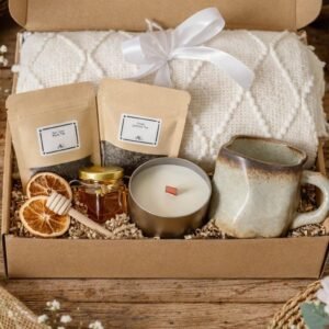 Cozy Hygge Gift Box | Knitted Blanket, Ceramic Mug, Tea, Honey, Candle