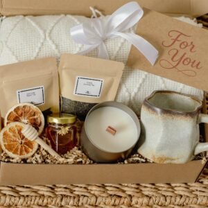 Gift Basket for Her with Blanket and Mug | Hygge Gift Box with Tea