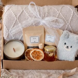 Cozy Hygge Gift Box with Knitted Blanket, Tea, Honey, Mug