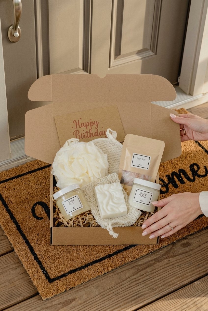 Spa Gift Box | Self Care Gift Basket 8 pin spa gift box self care gift basket gifts hands unboxing v4