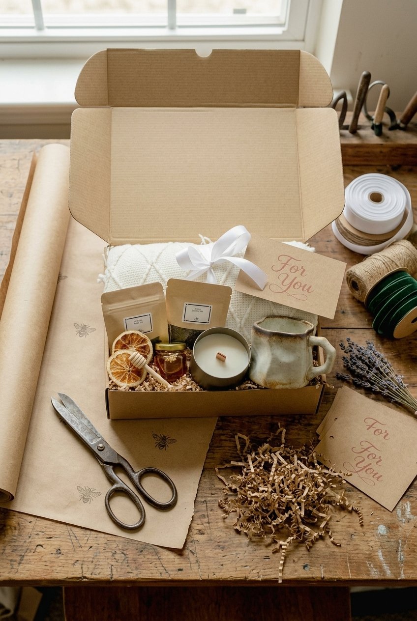 Gift Basket for Her with Blanket and Mug | Hygge Gift Box with Tea 7 Flat lay gift basket with folded blanket, ceramic mug, and packaged tea arranged on neutral background