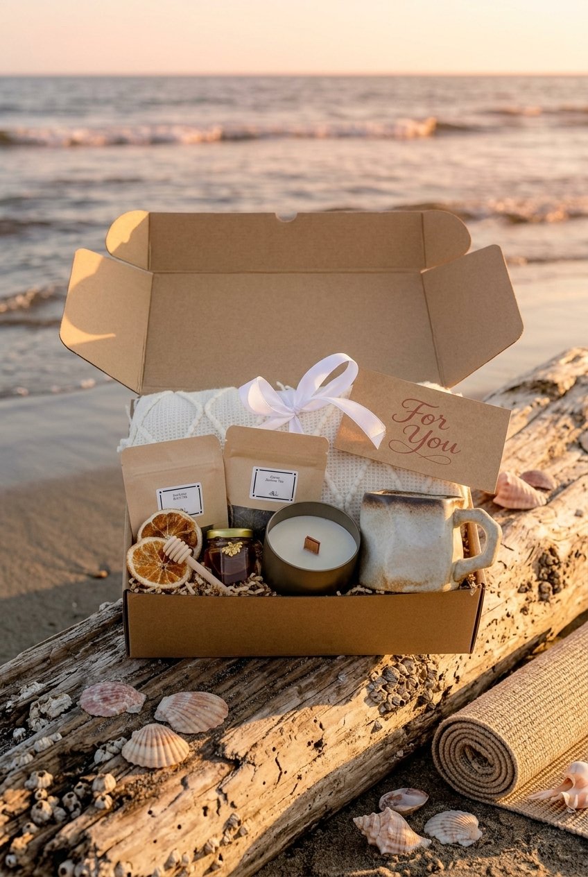 Gift Basket for Her with Blanket and Mug | Hygge Gift Box with Tea 9 Gift basket with folded blanket, ceramic mug, and tea packets arranged on a picnic blanket outdoors