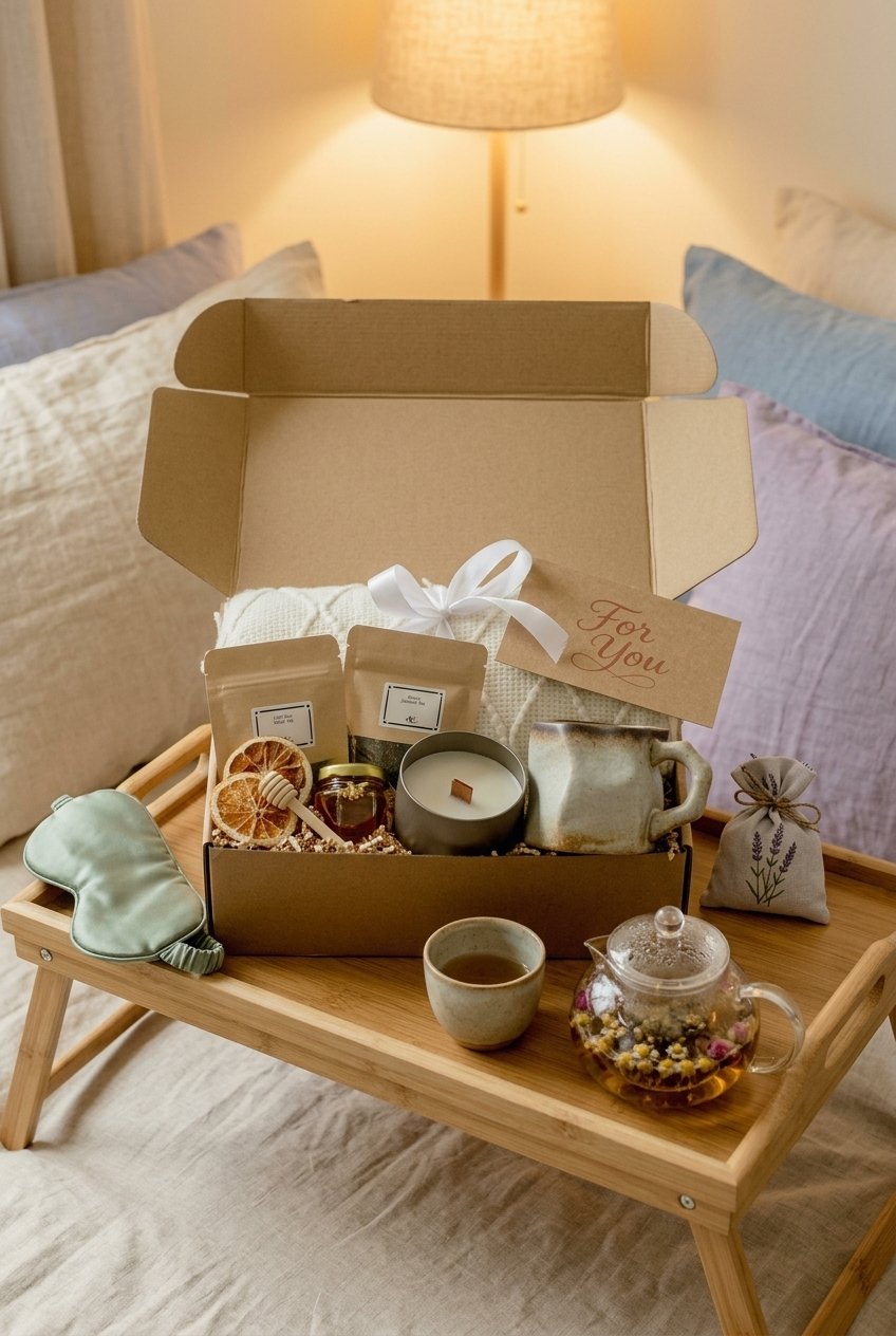 Gift Basket for Her with Blanket and Mug | Hygge Gift Box with Tea 10 Gift basket with folded blanket, ceramic mug, and packaged tea arranged in a decorative box
