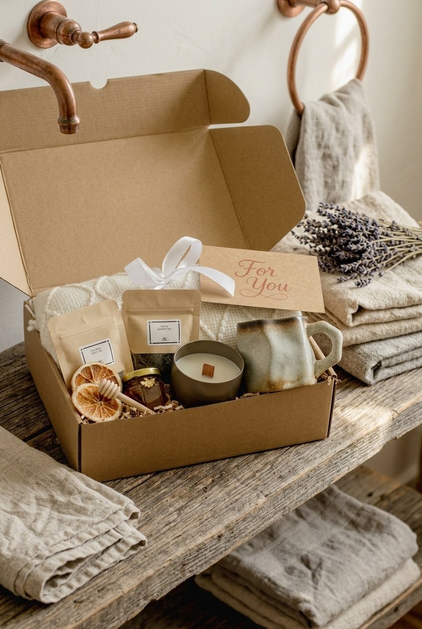 Gift Basket for Her with Blanket and Mug | Hygge Gift Box with Tea 8 Gift basket with folded blanket, ceramic mug, and tea packets arranged in a decorative box with tissue paper