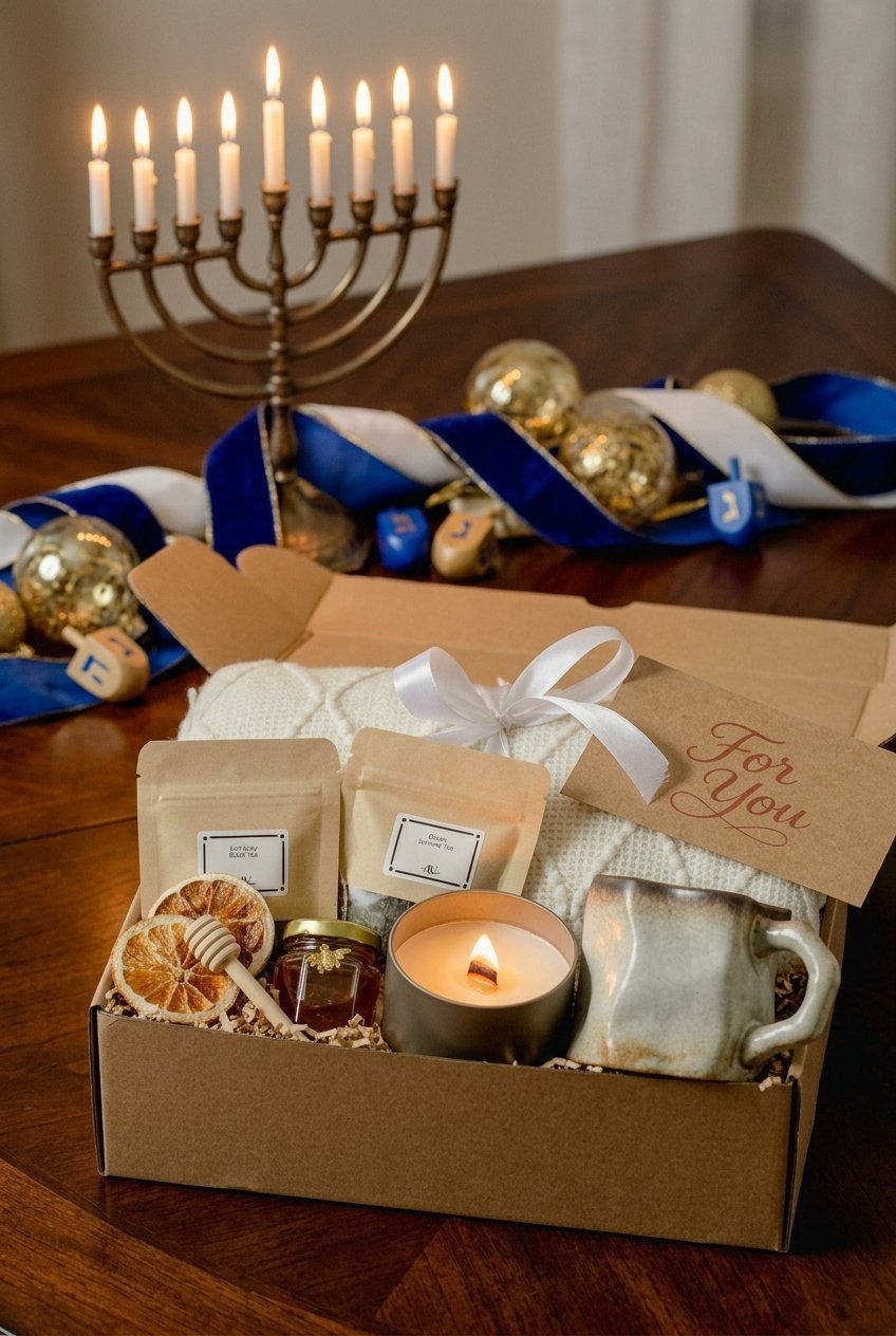 Gift Basket for Her with Blanket and Mug | Hygge Gift Box with Tea 11 Gift basket with folded blanket, ceramic mug, and tea box wrapped in ribbon under a Christmas tree