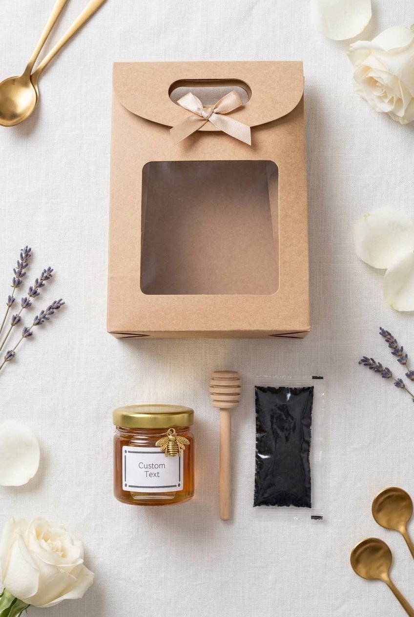 Personalized Wedding Favors for Guests | Honey Jar & Tea | Party fFavors 14 Flat lay of personalized honey jar and tea wedding favor gifts with custom labels and dried flowers