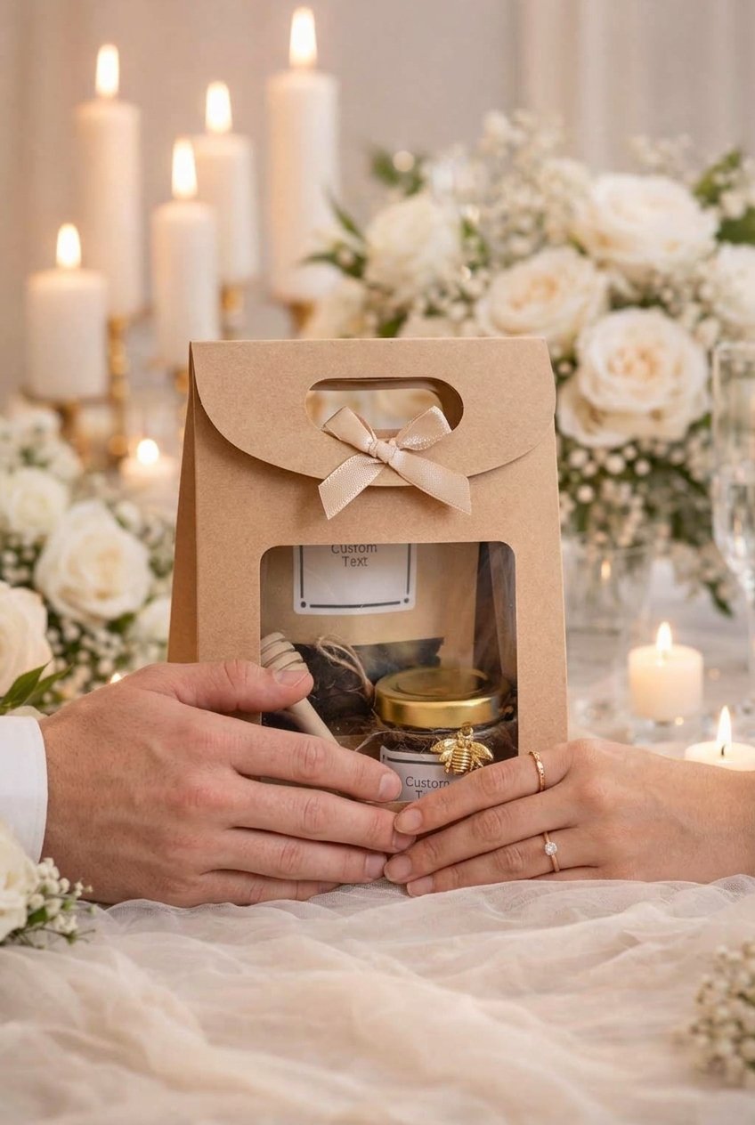 Personalized Wedding Favors for Guests | Honey Jar & Tea | Party fFavors 7 Hands holding personalized honey jar and tea wedding favor gift with custom label and elegant packaging