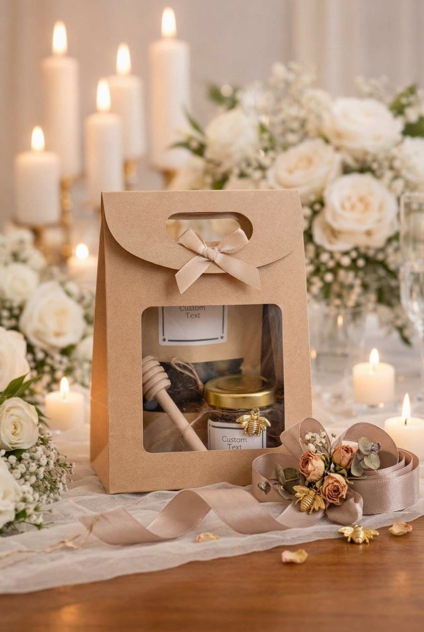 Personalized Wedding Favors for Guests | Honey Jar & Tea | Party fFavors 11 Personalized honey jar and tea wedding favors with ribbon detail and custom labels on display