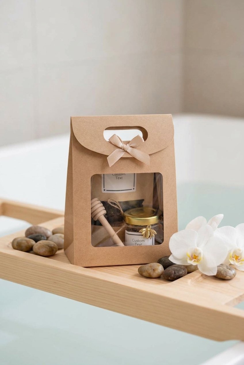 Personalized Wedding Favors for Guests | Honey Jar & Tea | Party fFavors 15 Personalized wedding favor gift set with honey jar and tea in elegant packaging on display