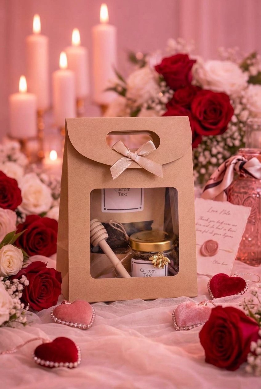 Personalized Wedding Favors for Guests | Honey Jar & Tea | Party fFavors 9 Personalized honey jar and tea wedding favor gift sets wrapped and placed under a decorative tree display