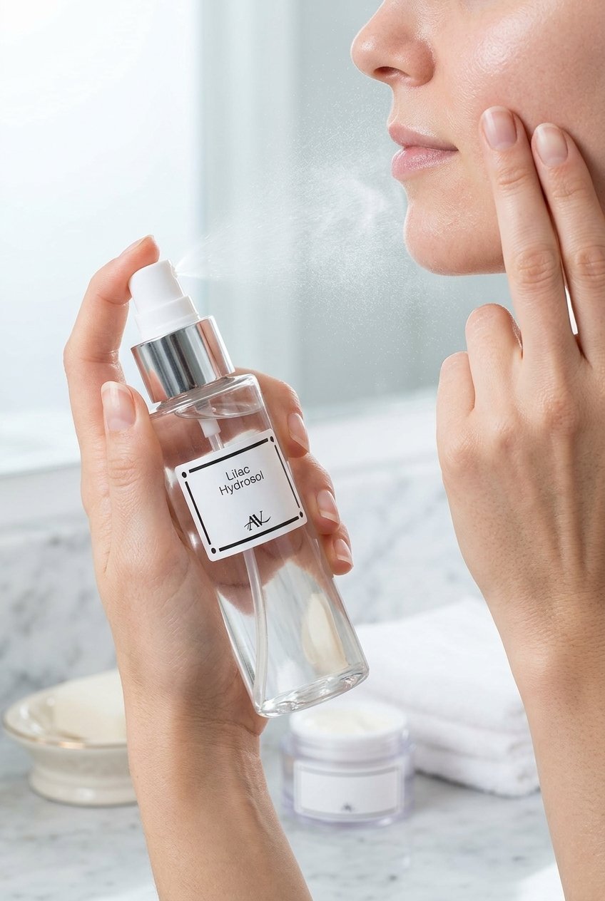 Lilac Hydrosol Facial Mist 15 Lilac Hydrosol: Natural Floral Water - Refreshing Facial Mist by AdoreVera - spa-hands-applying-v1 scene