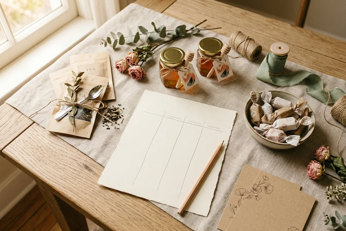 Flat lay comparing tea favors and candy favors for event tables