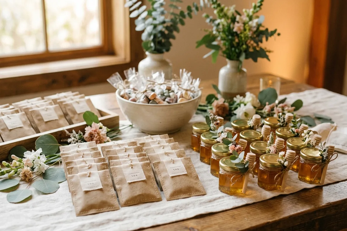 Tea and honey favors displayed for a wedding or shower
