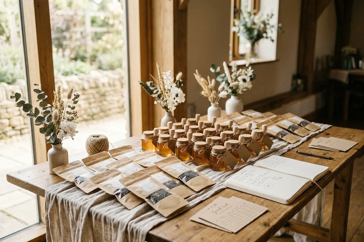 Tea and honey wedding favor table display ideas