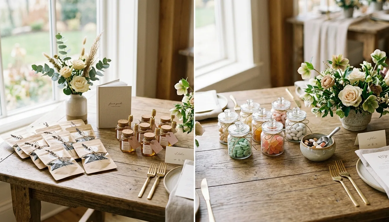 Tea favors and candy favors compared for weddings and showers