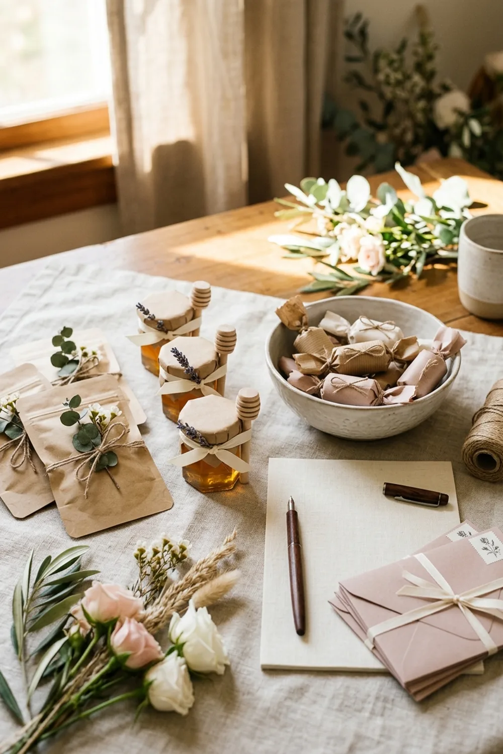 Tea favors and candy favors compared in a vertical wedding planning image