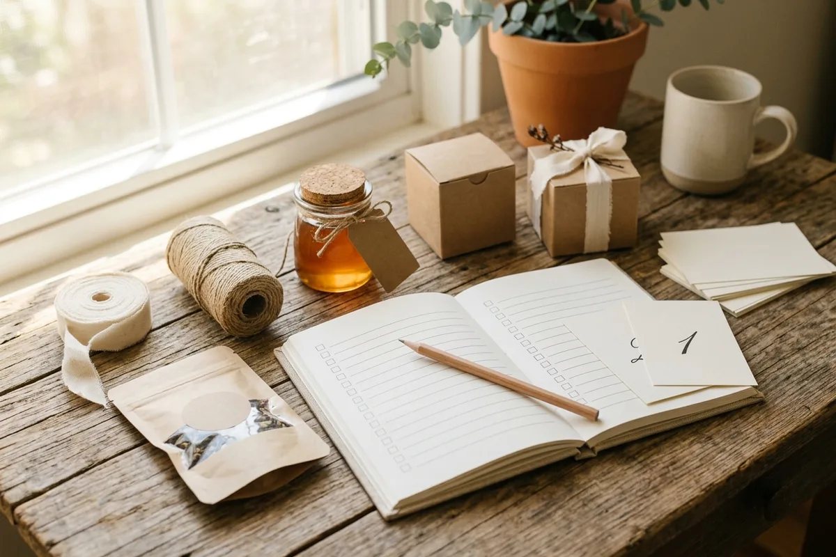 Wedding favor planning checklist with favor samples and event cards