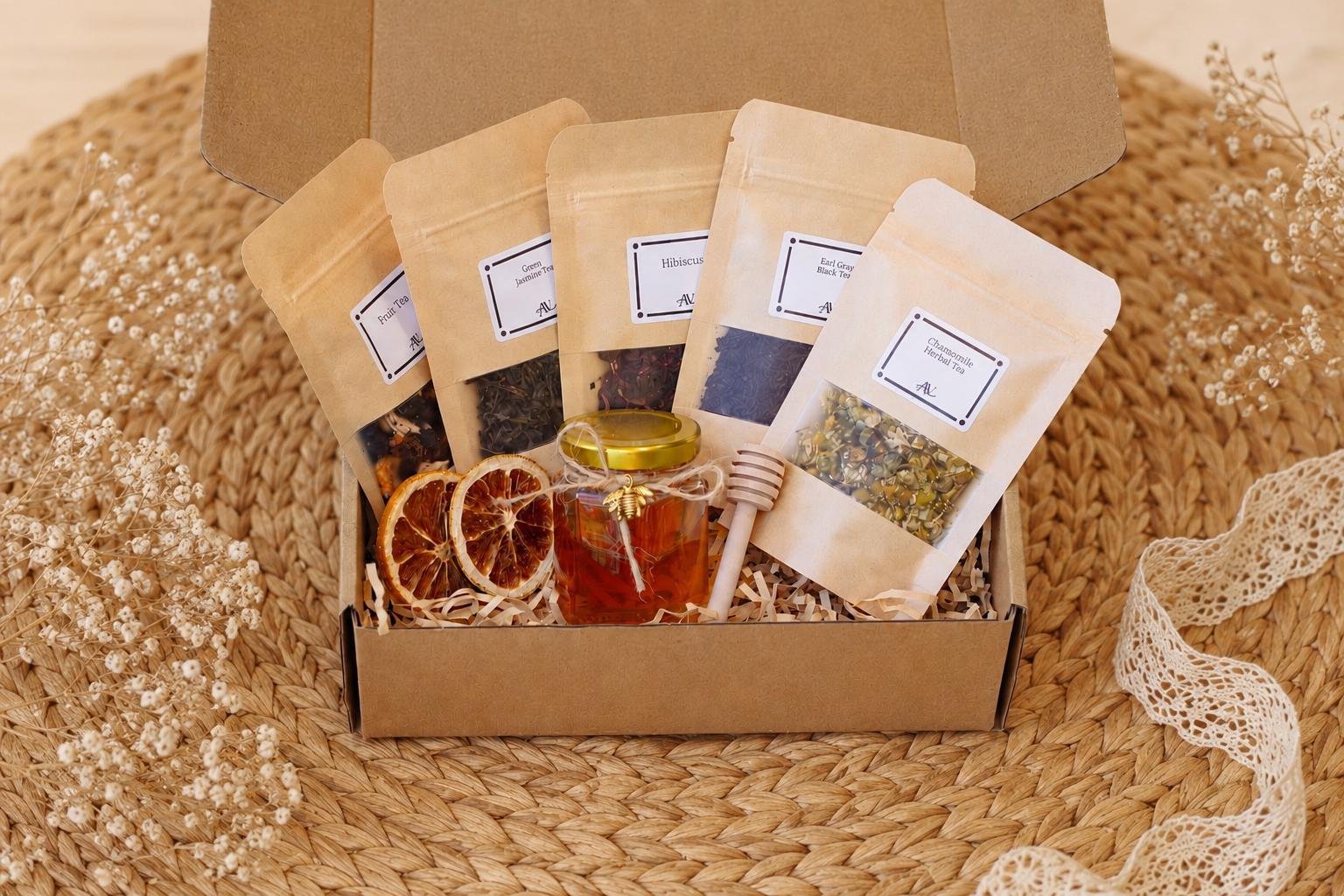 Five Tea & Honey Gift Set with five labeled tea pouches and a honey jar in a kraft box.